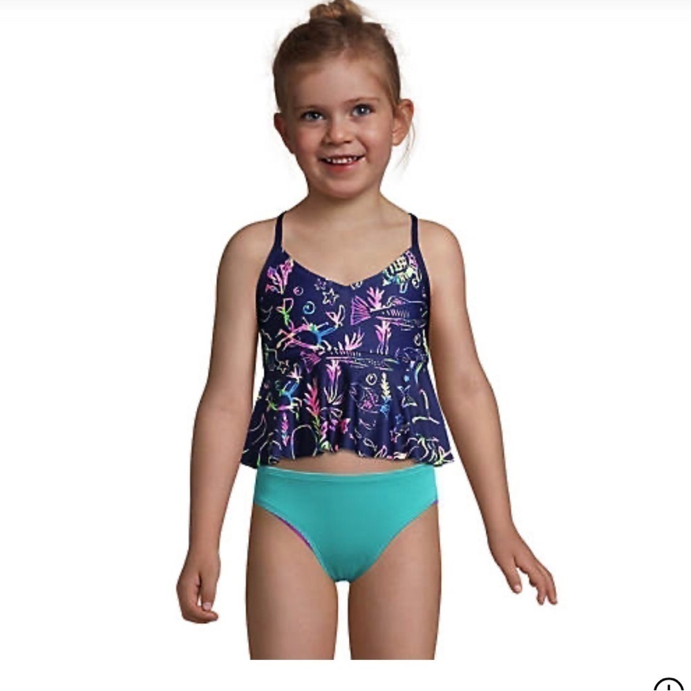 💜3/$30 Lands End 8s Girls Ruffle Tankini Swimsuit Top Navy Blue/Pink - Picture 7 of 7